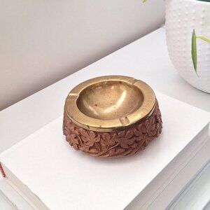 Vintage Brass Ashtray MCM - carved wood